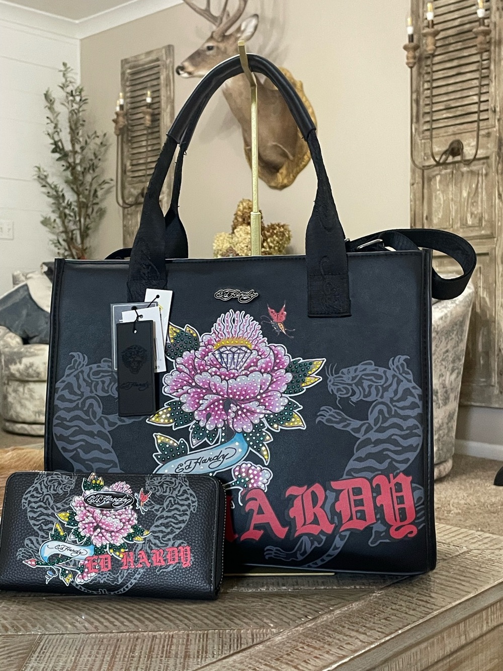 Ed Hardy Black Floral Tiger Tote Crossbody Bag and Long Wallet